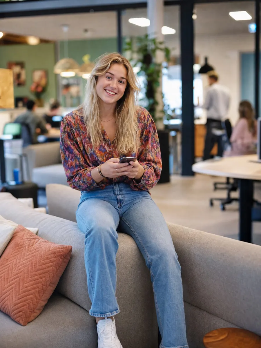 Vrouw met telefoon op bank Lachende vrouw zit met haar telefoon op een bank in een open kantoor