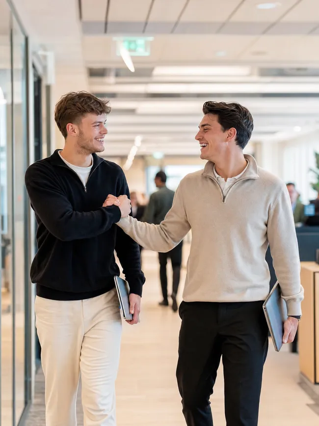 Leer van collega’s die dezelfde stap in IT hebben gezet. Twee collega's geven elkaar een hand in een kantoorgang