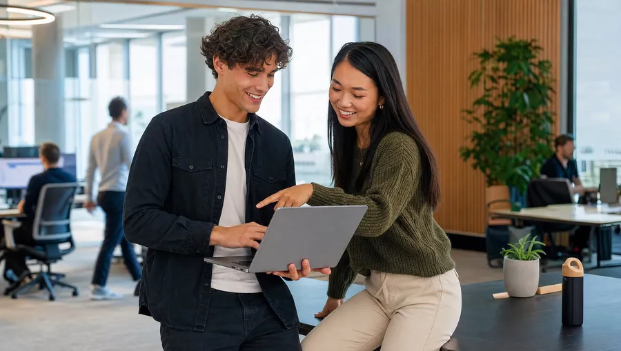 Collega’s kijken naar laptop Twee collega's kijken samen naar een laptop in een open kantoor